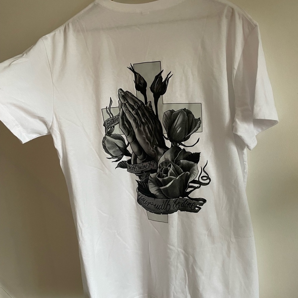 White Christian Graphic Prayer Hands & Roses Short Sleeve Tee Workout Gym XL